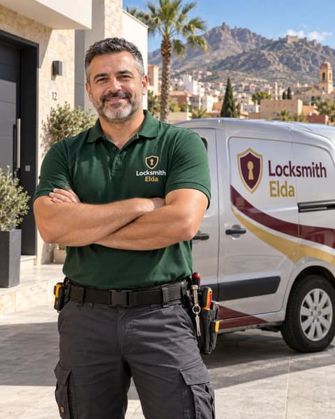A man in a green polo stands with his arms crossed beside a silver van, a palm tree and a hillside town behind him